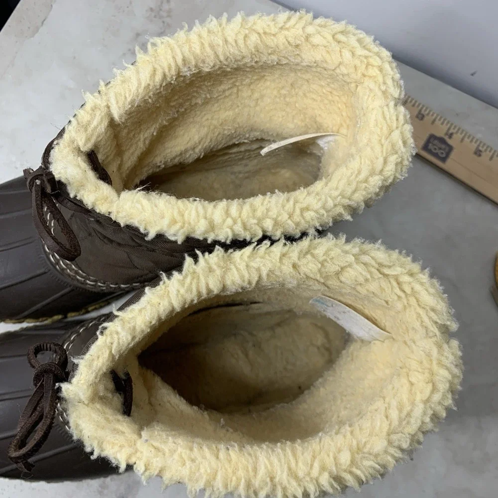 LL Bean Boots Women Size 7 Shoes Brown Quilted‎ Nylon Rubber Shearling Fleece